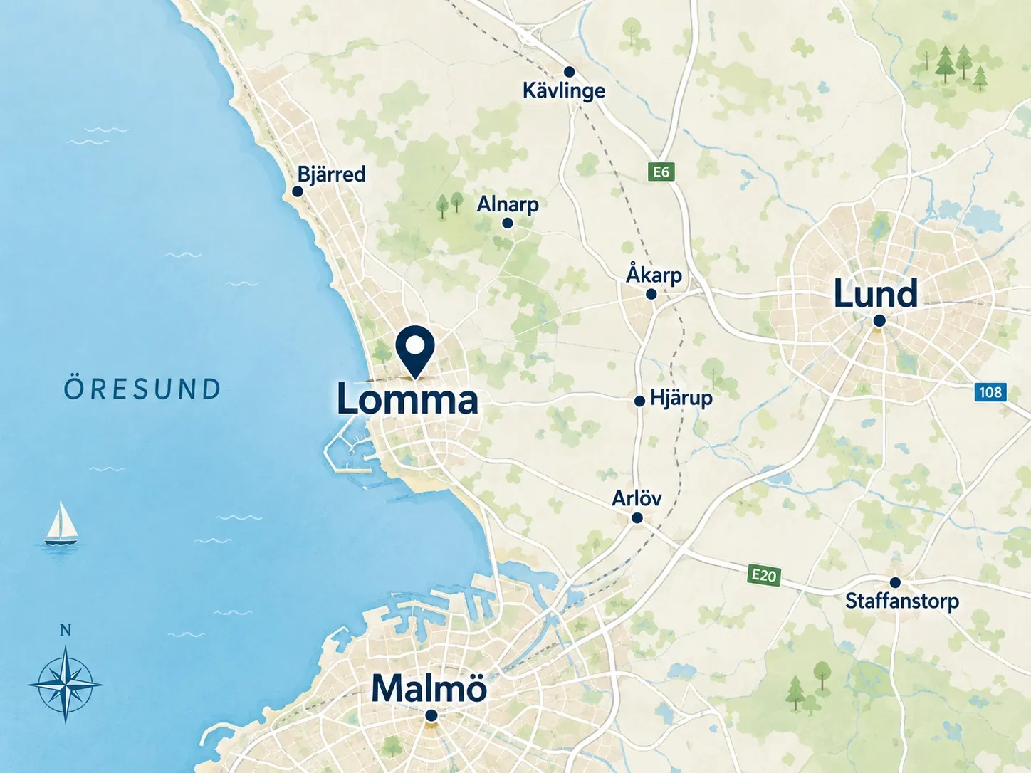 Karta över Lomma och närområdet – Lund, Malmö, Bjärred, Kävlinge, Arlöv, Staffanstorp